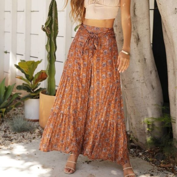 Pants - Paisley Palazzo waist Tie Lounge Pants Orange
